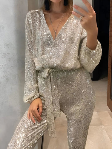 Sequin Belt Jumpsuit with V-Neckline and Long Sleeves