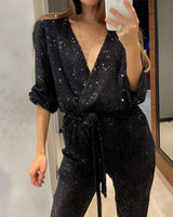 Sequin Belt Jumpsuit with V-Neckline and Long Sleeves