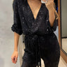 Sequin Belt Jumpsuit with V-Neckline and Long Sleeves