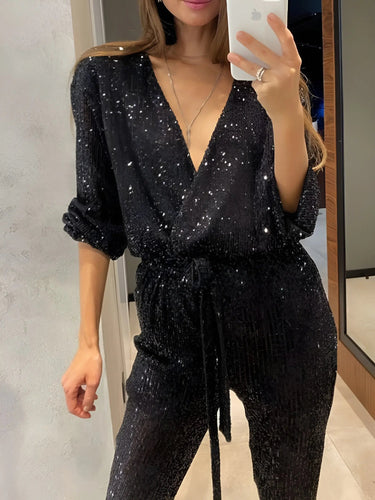 Sequin Belt Jumpsuit with V-Neckline and Long Sleeves