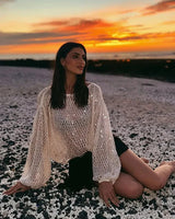 Sequin Crochet Knit Cover-Up Top with Long Sleeves