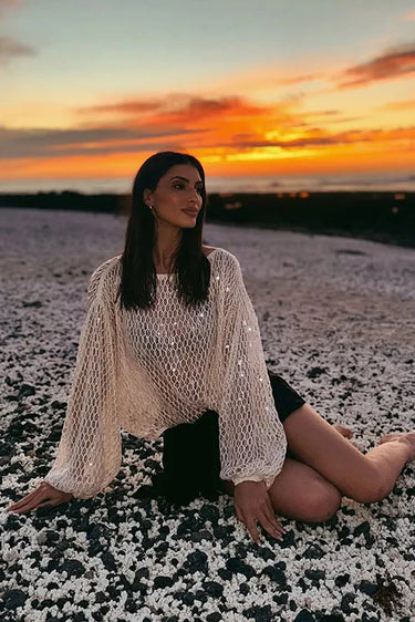 Sequin Crochet Knit Cover-Up Top with Long Sleeves