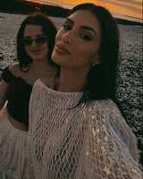Sequin Crochet Knit Cover-Up Top with Long Sleeves