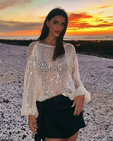 Sequin Crochet Knit Cover-Up Top with Long Sleeves