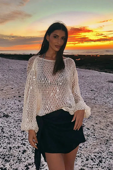 Sequin Crochet Knit Cover-Up Top with Long Sleeves