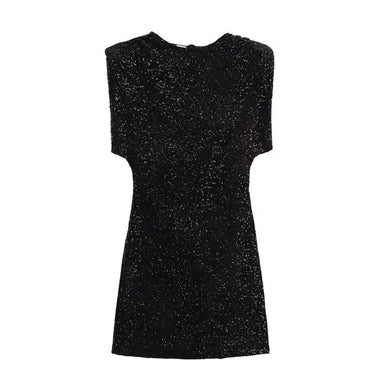 Sequin Dress with Shoulder Pads and Back Cutout