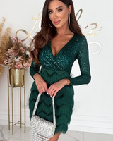 Sequin Fringe Mini Dress with Long Sleeves