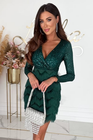 Sequin Fringe Mini Dress with Long Sleeves