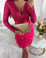 Sequin Fringe Mini Dress with Long Sleeves