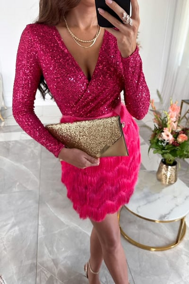 Sequin Fringe Mini Dress with Long Sleeves