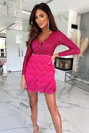 Sequin Fringe Mini Dress with Long Sleeves