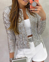 Sequin Jacket with Collarless Design and Open Front