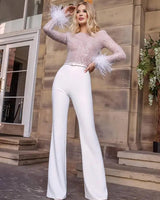 Sequin Jumpsuit with Feather Belt and Long Sleeves
