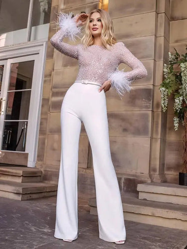 Sequin Jumpsuit with Feather Belt and Long Sleeves