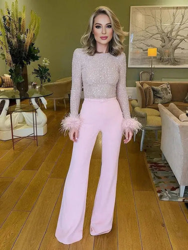 Sequin Jumpsuit with Feather Belt and Long Sleeves