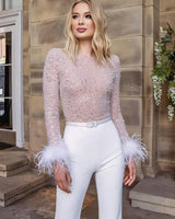 Sequin Jumpsuit with Feather Belt and Long Sleeves