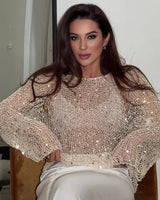 Sequin Knit Top with Round Neck and Long Sleeves