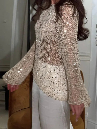 Sequin Knit Top with Round Neck and Long Sleeves