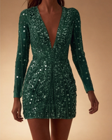 Sequin Long Sleeve Sparkly Mini Dress with V Neck