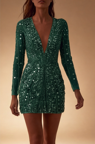 Sequin Long Sleeve Sparkly Mini Dress with V Neck