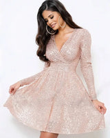Sequin Mini Dress with V-Neck and Long Sleeves (Copy)