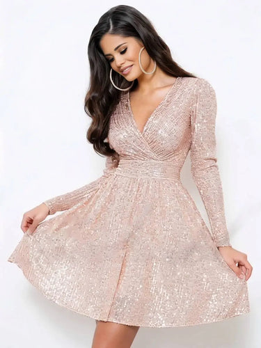 Sequin Mini Dress with V-Neck and Long Sleeves (Copy)