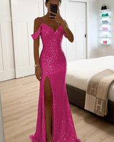 Sequin Off-Shoulder Maxi Dress with High Slit