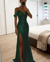Sequin Off-Shoulder Maxi Dress with High Slit