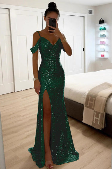 Sequin Off-Shoulder Maxi Dress with High Slit