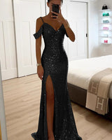 Sequin Off-Shoulder Maxi Dress with High Slit