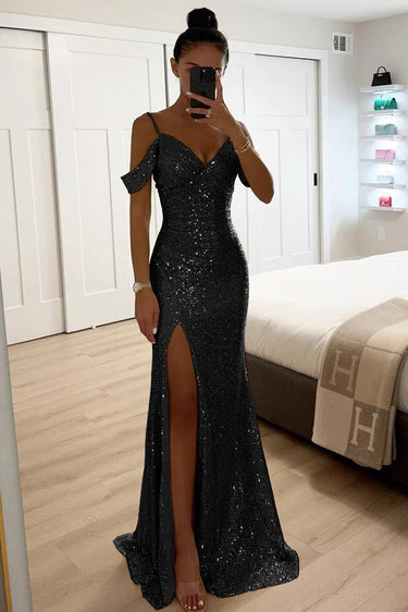 Sequin Off-Shoulder Maxi Dress with High Slit
