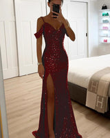 Sequin Off-Shoulder Maxi Dress with High Slit