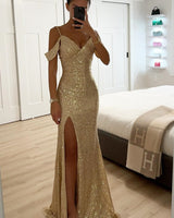 Sequin Off-Shoulder Maxi Dress with High Slit