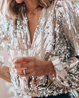 Sequin Wrap Blouse with Deep V Neckline