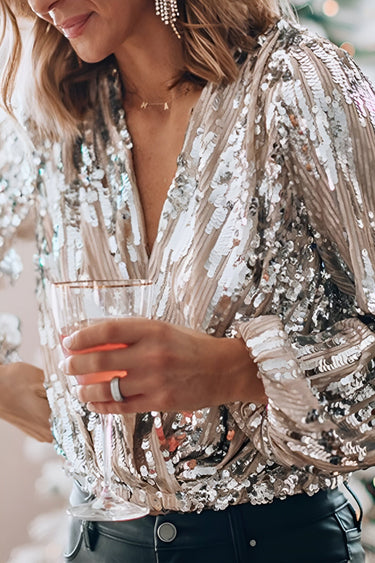Sequin Wrap Blouse with Deep V Neckline