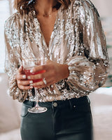 Sequin Wrap Blouse with Deep V Neckline