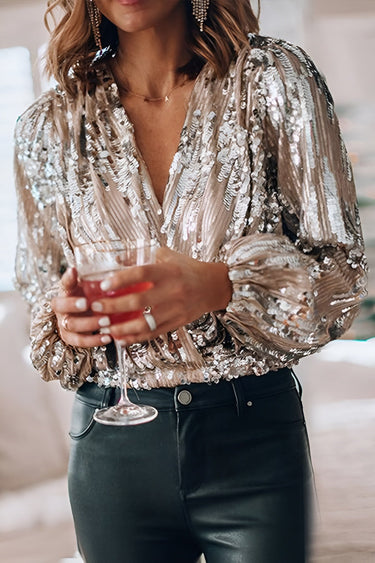 Sequin Wrap Blouse with Deep V Neckline