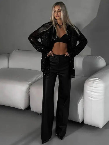 Sequined Shirt with Long Sleeves and Collar