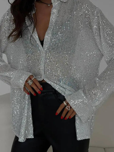 Sequined Shirt with Long Sleeves and Collar