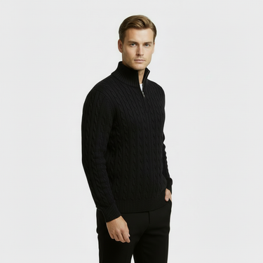 Sharp Men’s Cable Knit Quarter Zip Sweater With Stand Collar And Ribbed Hem