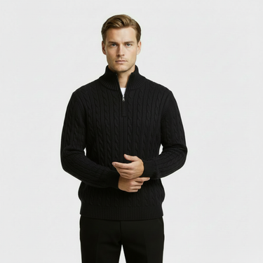 Sharp Men’s Cable Knit Quarter Zip Sweater With Stand Collar And Ribbed Hem