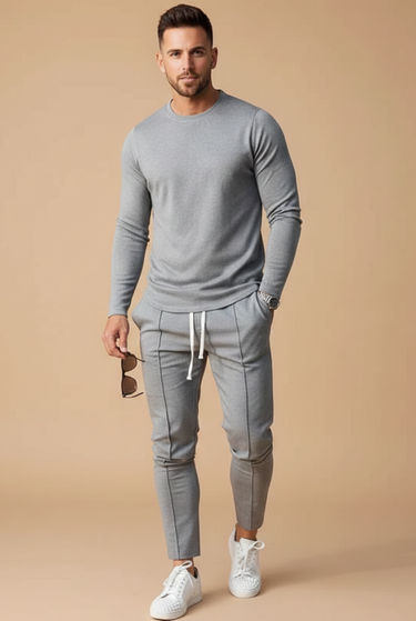 Sharp Men’s Long Sleeve Crew Neck Top And Slim Drawstring Trousers Set