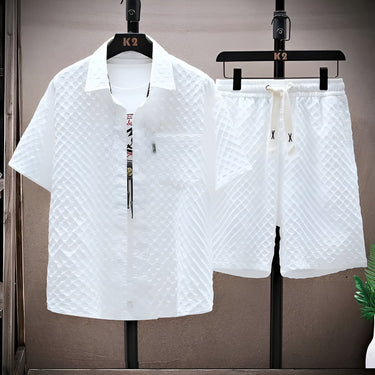 Sharp Men’s Textured Short Sleeve Shirt And Drawstring Shorts Set