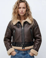 Front view of a reversible shearling aviator bomber jacket with zip fastening