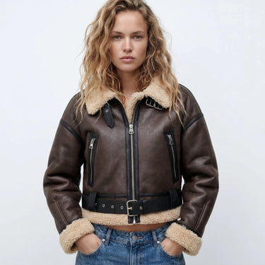 Front view of a reversible shearling aviator bomber jacket with zip fastening