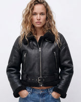 Reverse side of the double-sided shearling jacket displayed flat