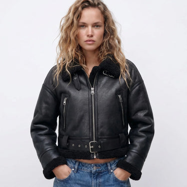 Reverse side of the double-sided shearling jacket displayed flat