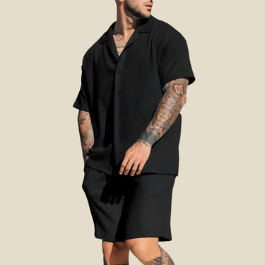 Sleek Men’s Camp Collar Short Sleeve Shirt And Elastic Waist Shorts Set