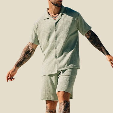 Sleek Men’s Camp Collar Short Sleeve Shirt And Elastic Waist Shorts Set