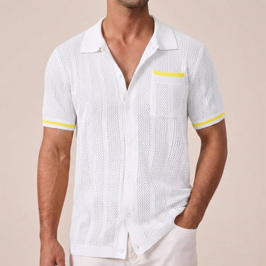 Sleek Men’s Knit Button Up Shirt With Short Sleeve Openwork And Camp Collar